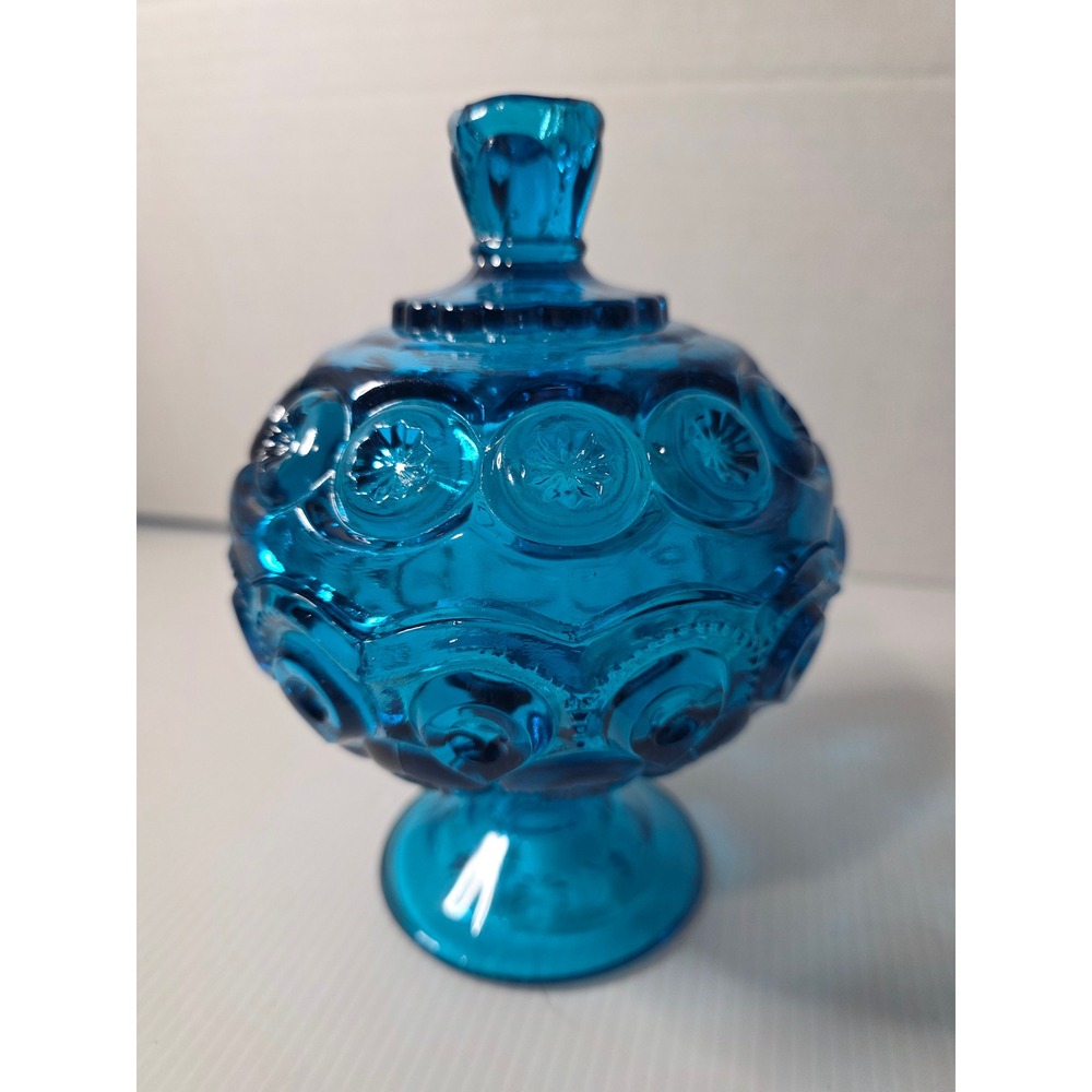 L.E. Smith Candy Dish OS Blue Excellent Moon and Star Pattern Glass